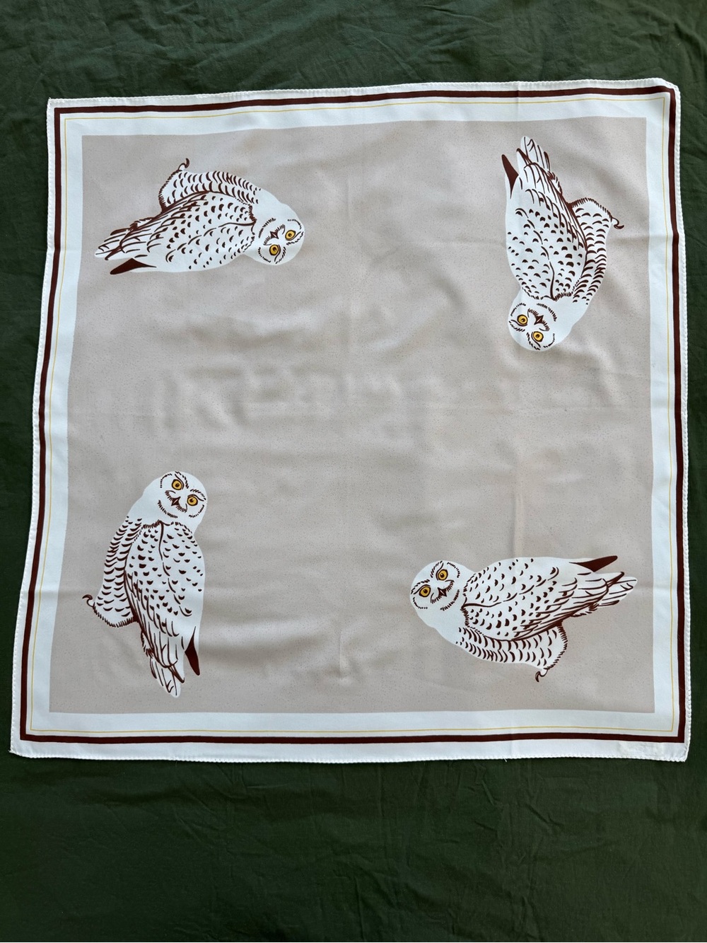 Bergdorf Goodman Silk Scarf 28” Square Snowy Owl Bird Print Beige Brown